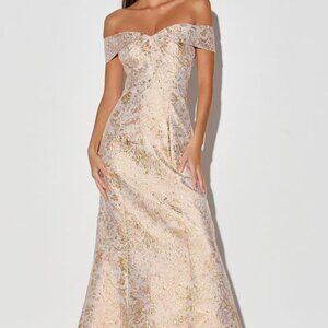Lulus Illustrious Champagne Jacquard Off-the-shoulder Maxi Dress Pink - Size S